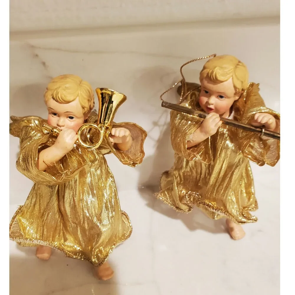 Set of 9 NEW Department 56 Golden Glitter Christmas Ornaments Cherub Sleigh